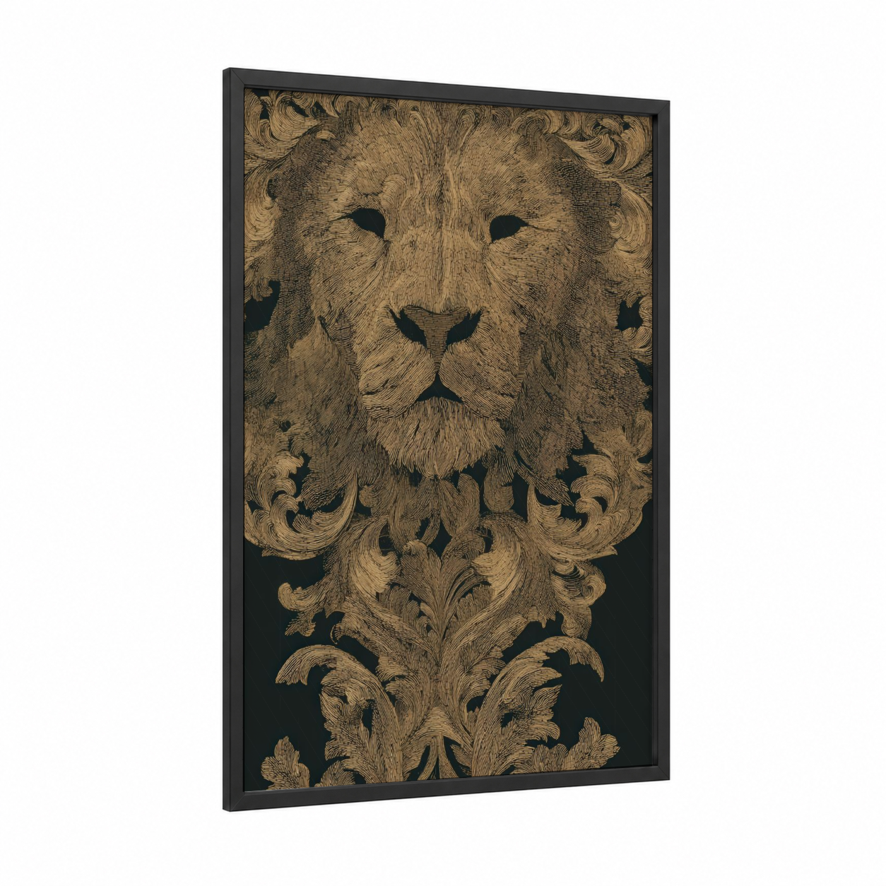 Ornamental Leo framed art print — black wood frame — black and gold palette