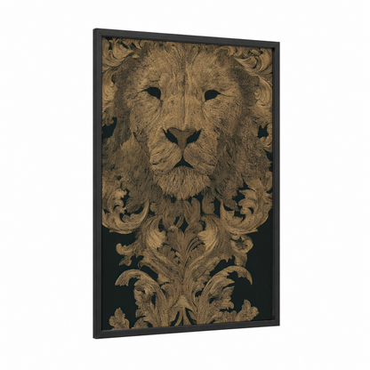 Ornamental Leo framed art print — black wood frame — black and gold palette