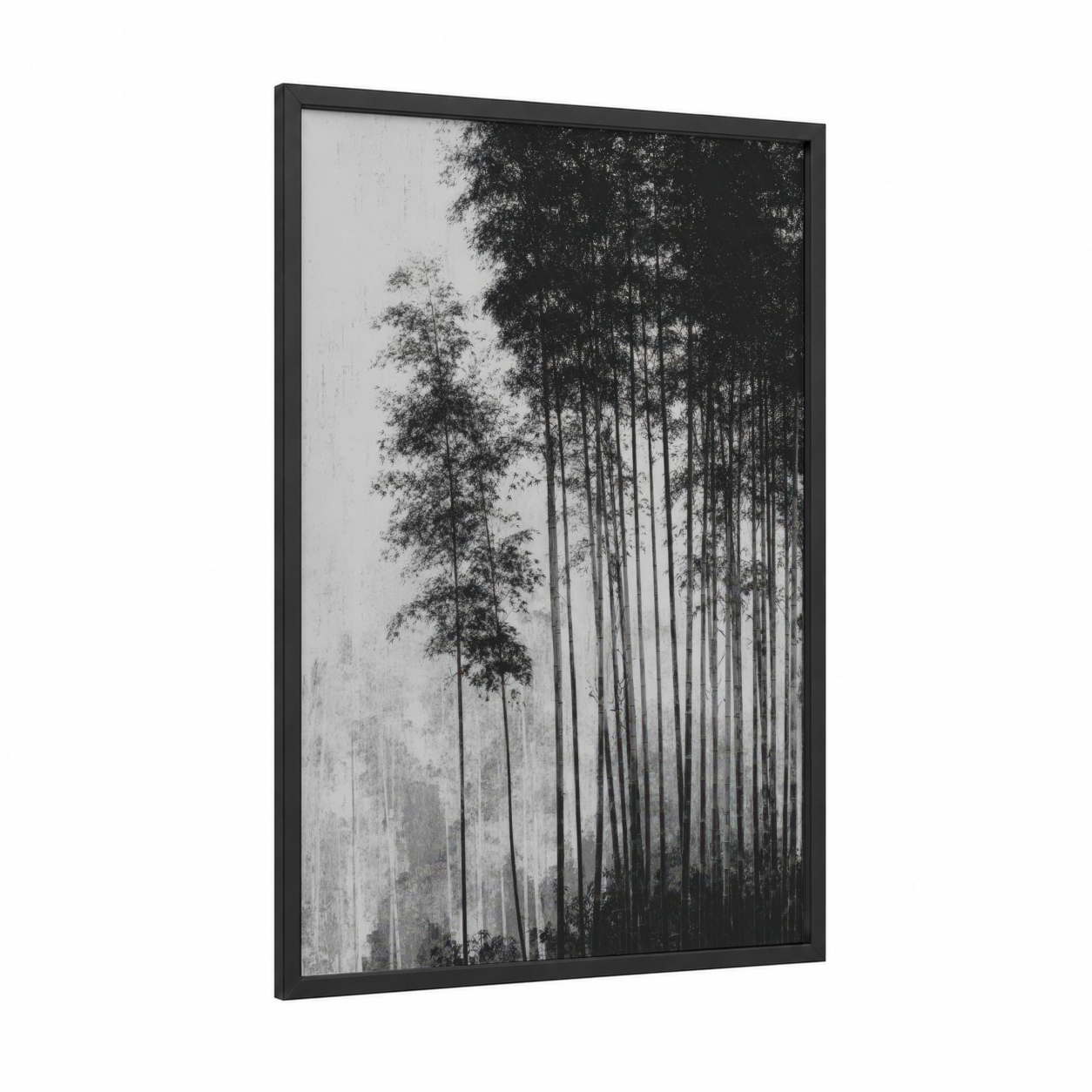 Misty Bamboo Forest framed bamboo jungle print — black wood frame — black and white and gray palette