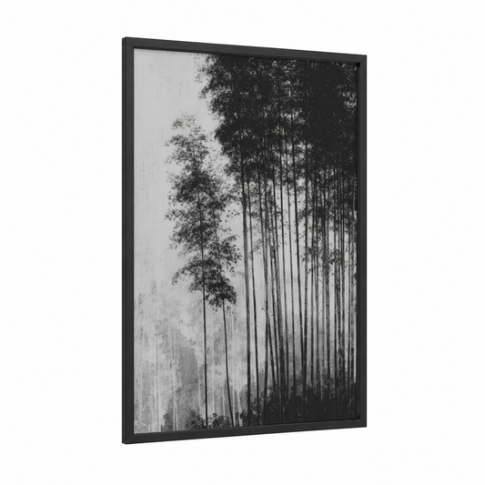 Misty Bamboo Forest framed bamboo jungle print — black wood frame — black and white and gray palette