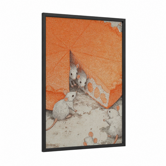 Mice Thanksgiving Feast framed art print — black wood frame — orange and black and white palette