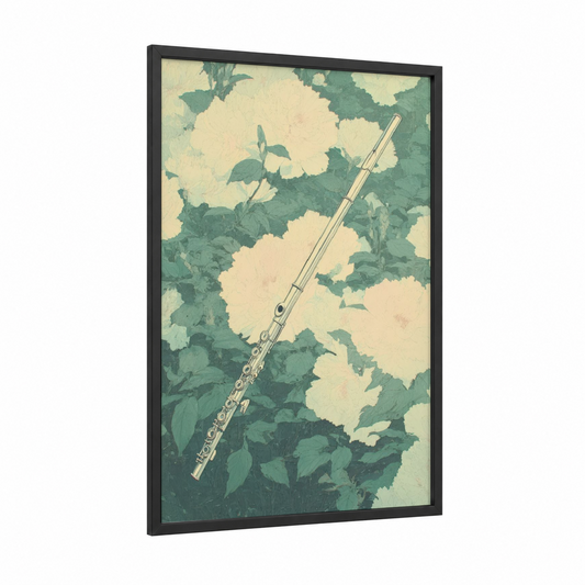 Floral Flute Garden framed art print — black wood frame — sage green and cream palette