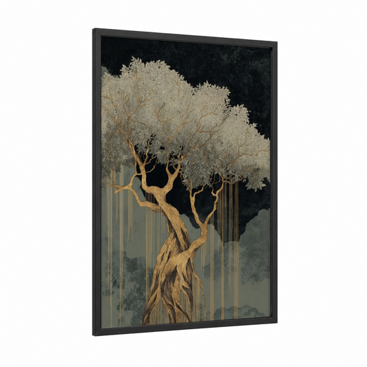 Ancient Olive Tree framed tropical trees print — black wood frame — gold and gray palette