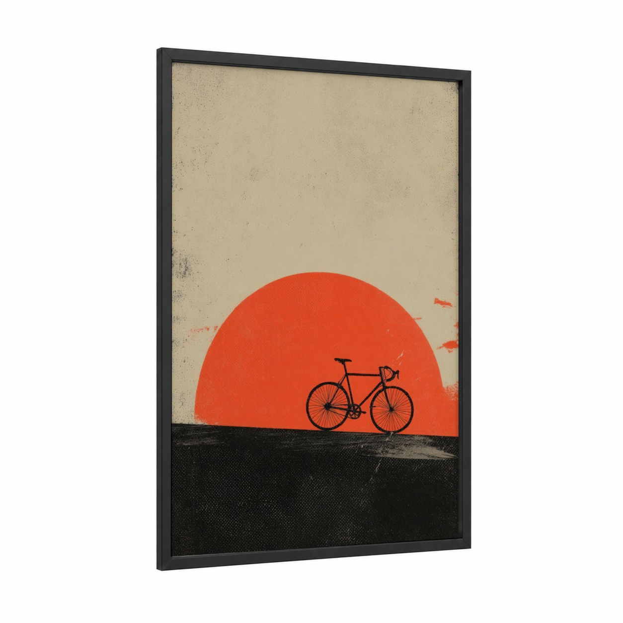 Sunset Cyclist framed urban bicycle print — black wood frame — red and black palette