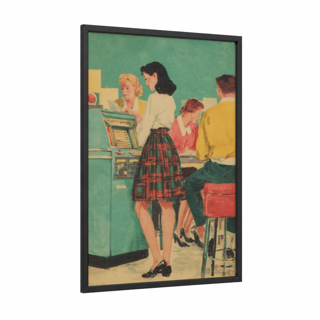 Retro Pop Diner framed art print — black wood frame — teal and yellow gold palette