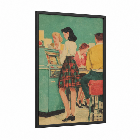 Retro Pop Diner framed art print — black wood frame — teal and yellow gold palette