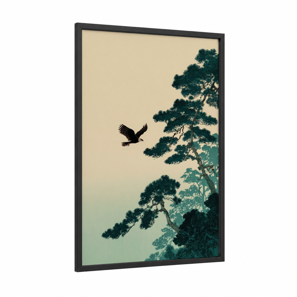 Flying Eagle framed art print — black wood frame — dark green and cream palette