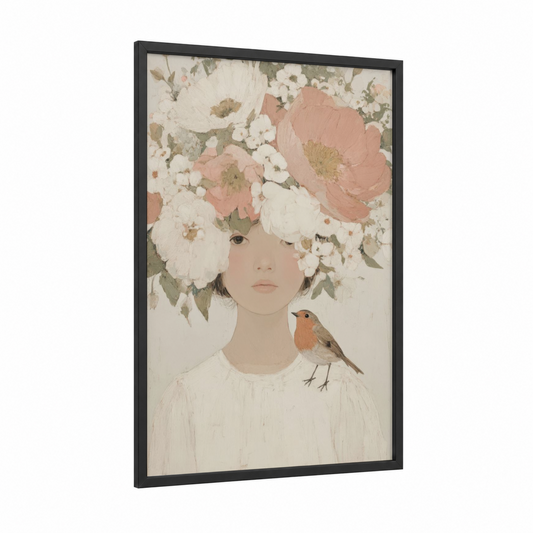 Flower Crown Girl framed art for girl print — black wood frame — cream and peach palette