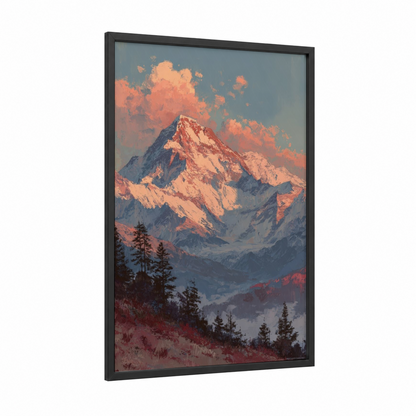 Alpine Sunrise framed mount everest print — black wood frame — gold and blue and gray palette