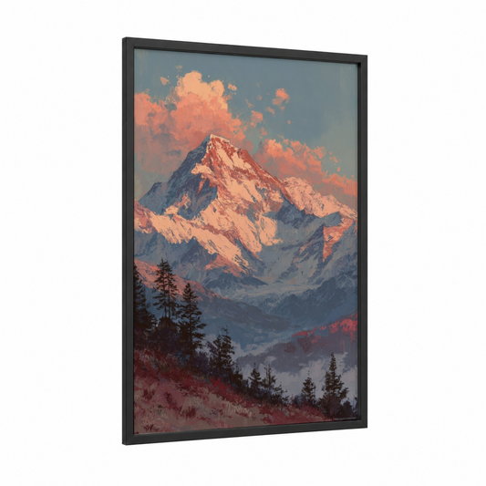 Alpine Sunrise framed mount everest print — black wood frame — gold and blue and gray palette