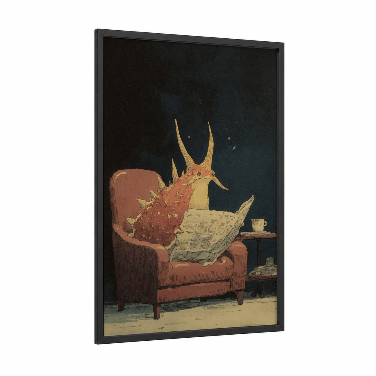 Reading Nudibranch framed art print — black wood frame — russet and dark blue palette