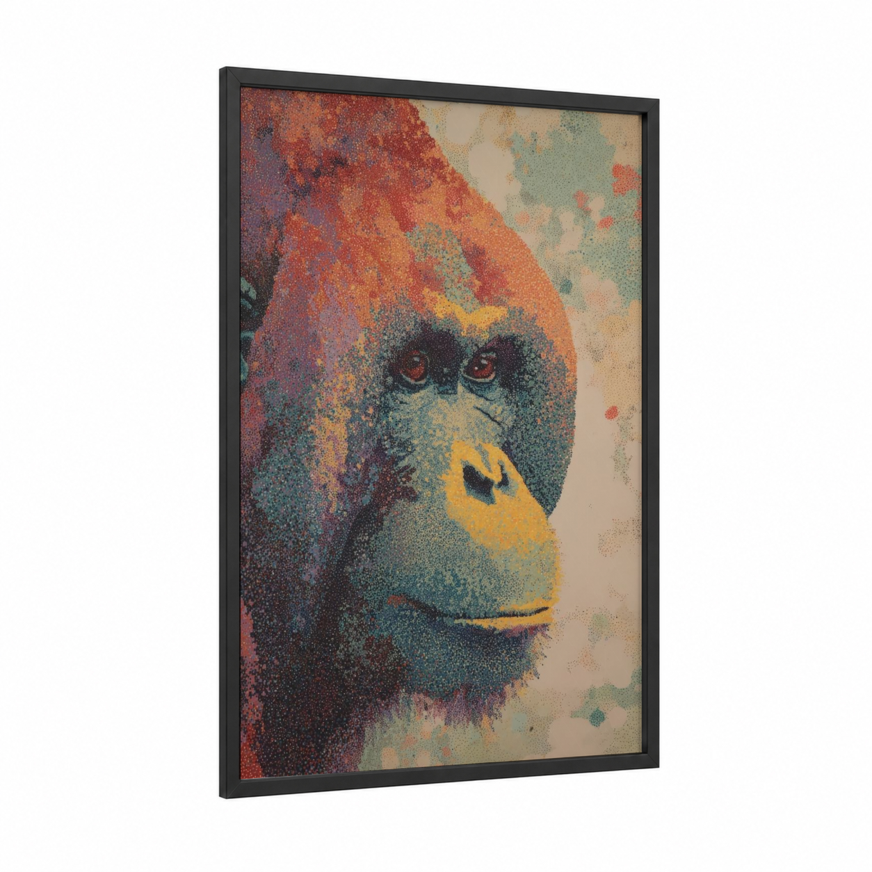 Crimson Orangutan framed art print — black wood frame — red and teal palette