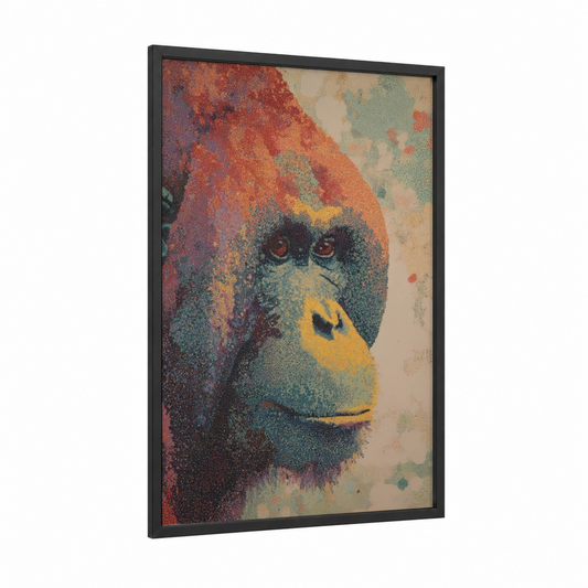 Crimson Orangutan framed art print — black wood frame — red and teal palette