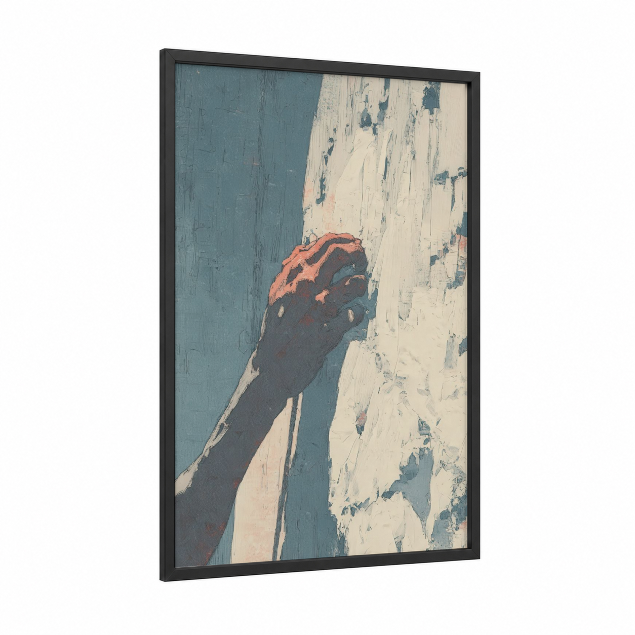 Crimson Summit Grip framed rock climbing print — black wood frame — blue and russet palette