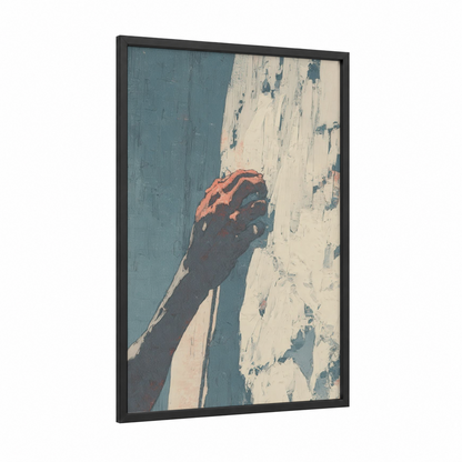 Crimson Summit Grip framed rock climbing print — black wood frame — blue and russet palette