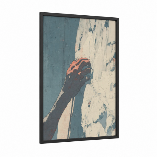 Crimson Summit Grip framed rock climbing print — black wood frame — blue and russet palette