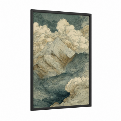Snowy Summit Peak framed mount everest print — black wood frame — sage green and cream palette