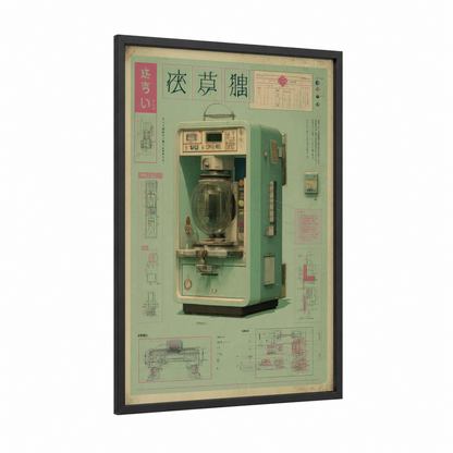 Vintage Washing Machine framed blueprints print — black wood frame — light green and cream palette