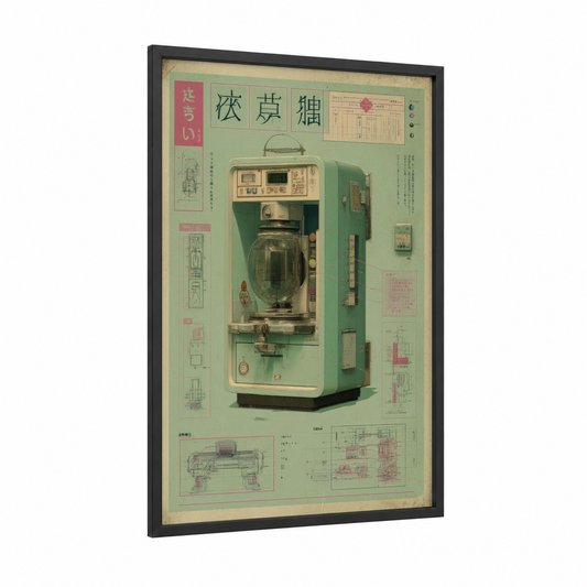 Vintage Washing Machine framed blueprints print — black wood frame — light green and cream palette