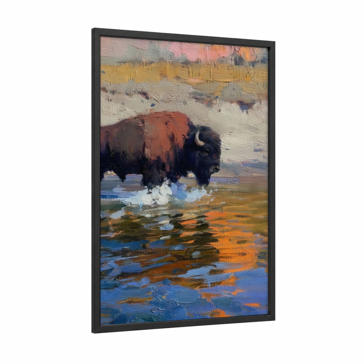 Watering Bison framed art print — black wood frame — orange and blue palette