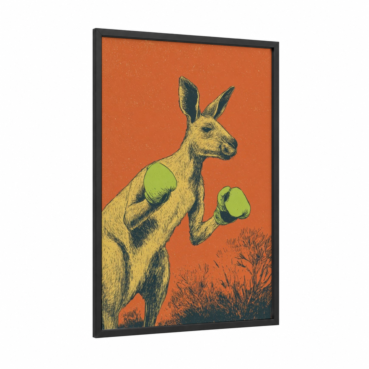 Boxing Kangaroo framed art print — black wood frame — pumpkin and lime green palette