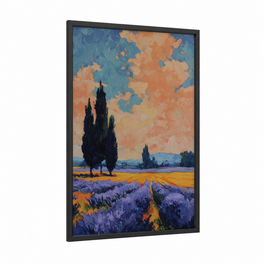 Tuscan Lavender Sunset framed lavender field print — black wood frame — orange and blue palette