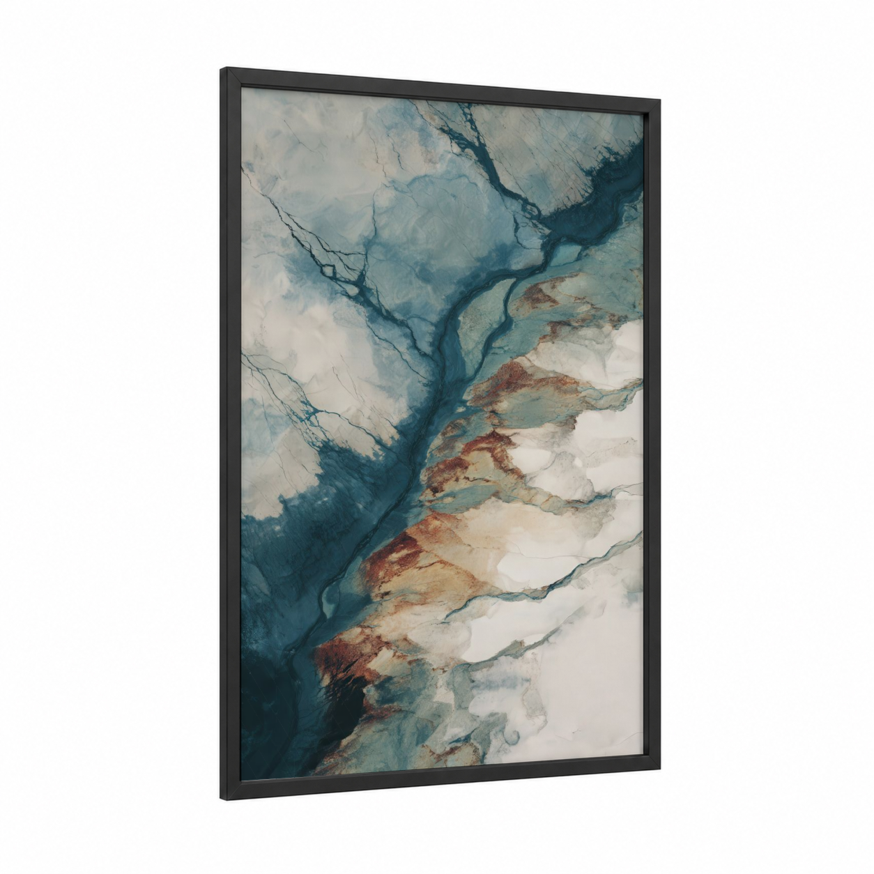 Glacial Confluence framed glacier print — black wood frame — blue and white palette