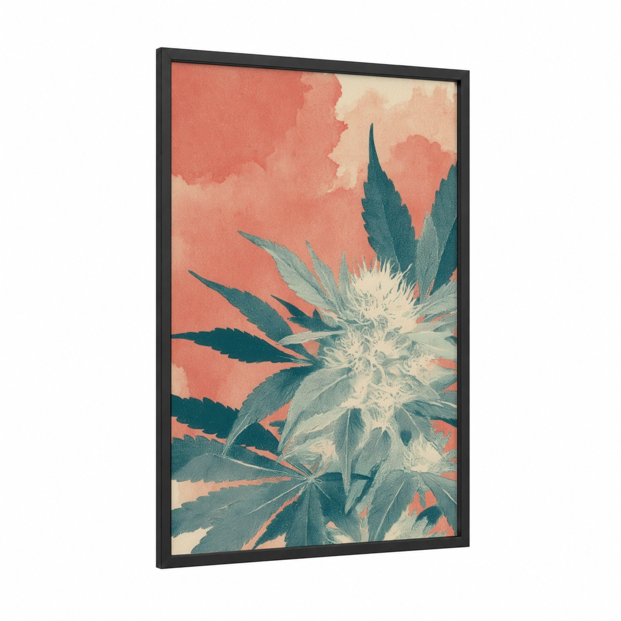 Coral Cannabis Bloom framed marijuana print — black wood frame — peach and teal palette