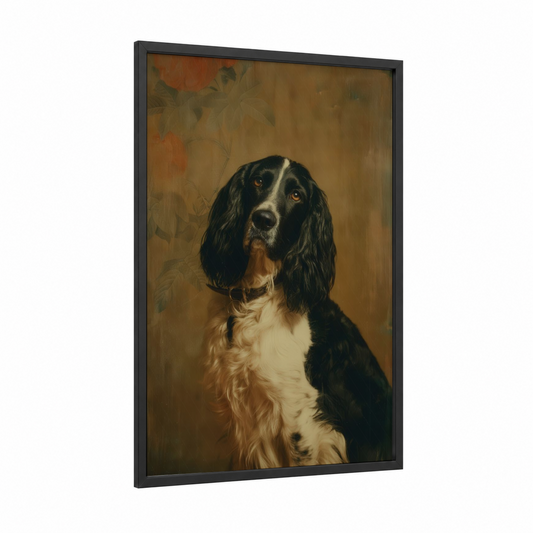 Elegant Spaniel Portrait framed art print — black wood frame — brown and cream palette