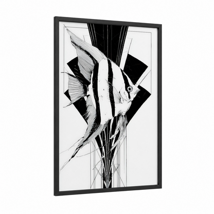 Striped Angel Fish framed art print — black wood frame — black and white palette
