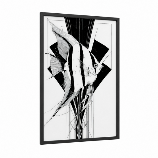 Striped Angel Fish framed art print — black wood frame — black and white palette