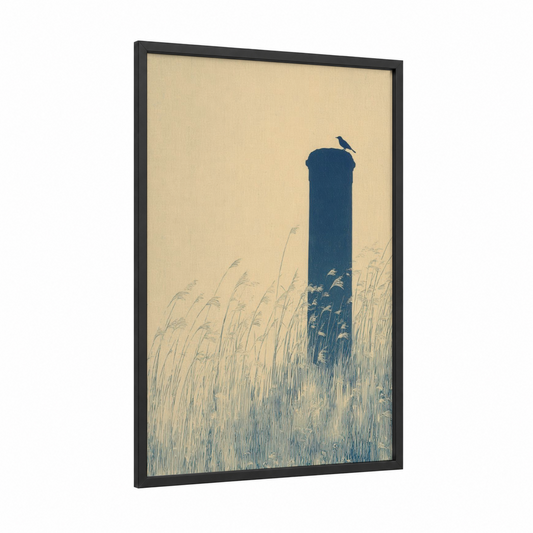 Solitary Column framed columns print — black wood frame — cream and dark blue palette