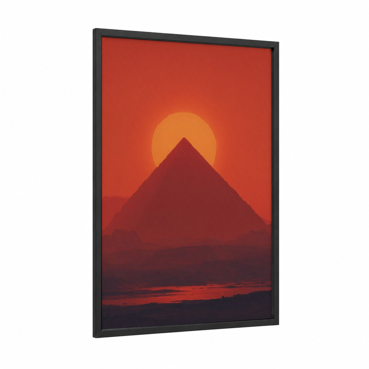 Crimson Pyramid Sunset framed great pyramid of giza print — black wood frame — red and gold palette