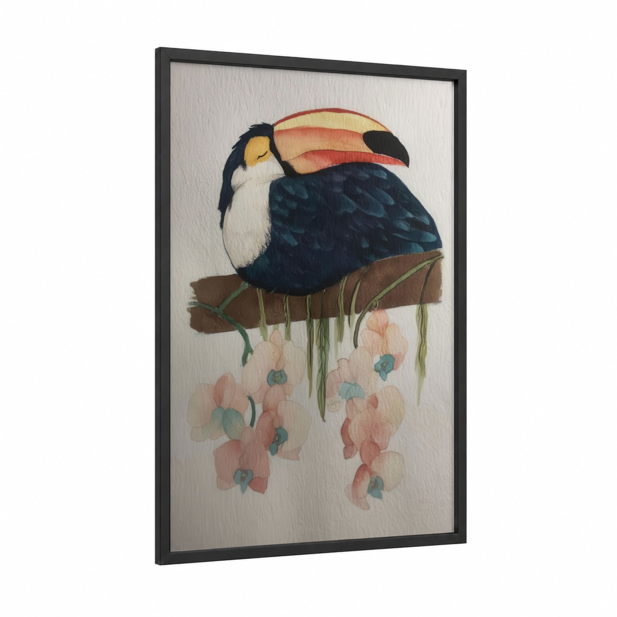 Tropical Toucan Branch framed art print — black wood frame — blue and salmon pink palette