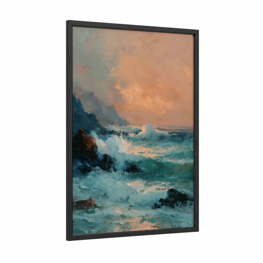 Coastal Sunset framed art print — black wood frame — peach and teal palette