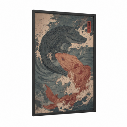 Crimson Alligator Dance framed art print — black wood frame — teal and russet palette