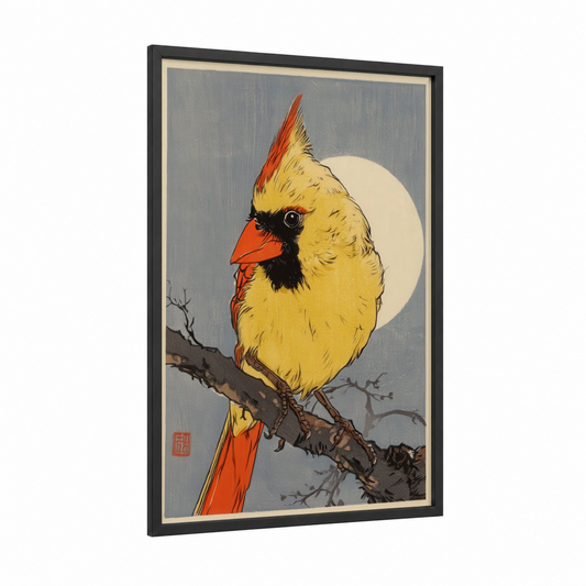 Golden Cardinal framed art print — black wood frame — yellow gold and red palette