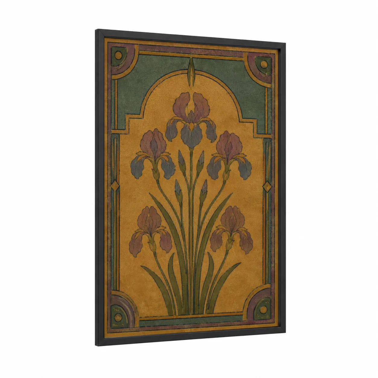 Art Deco Iris Botanical Wall Art framed art print — black wood frame — gold and purple palette