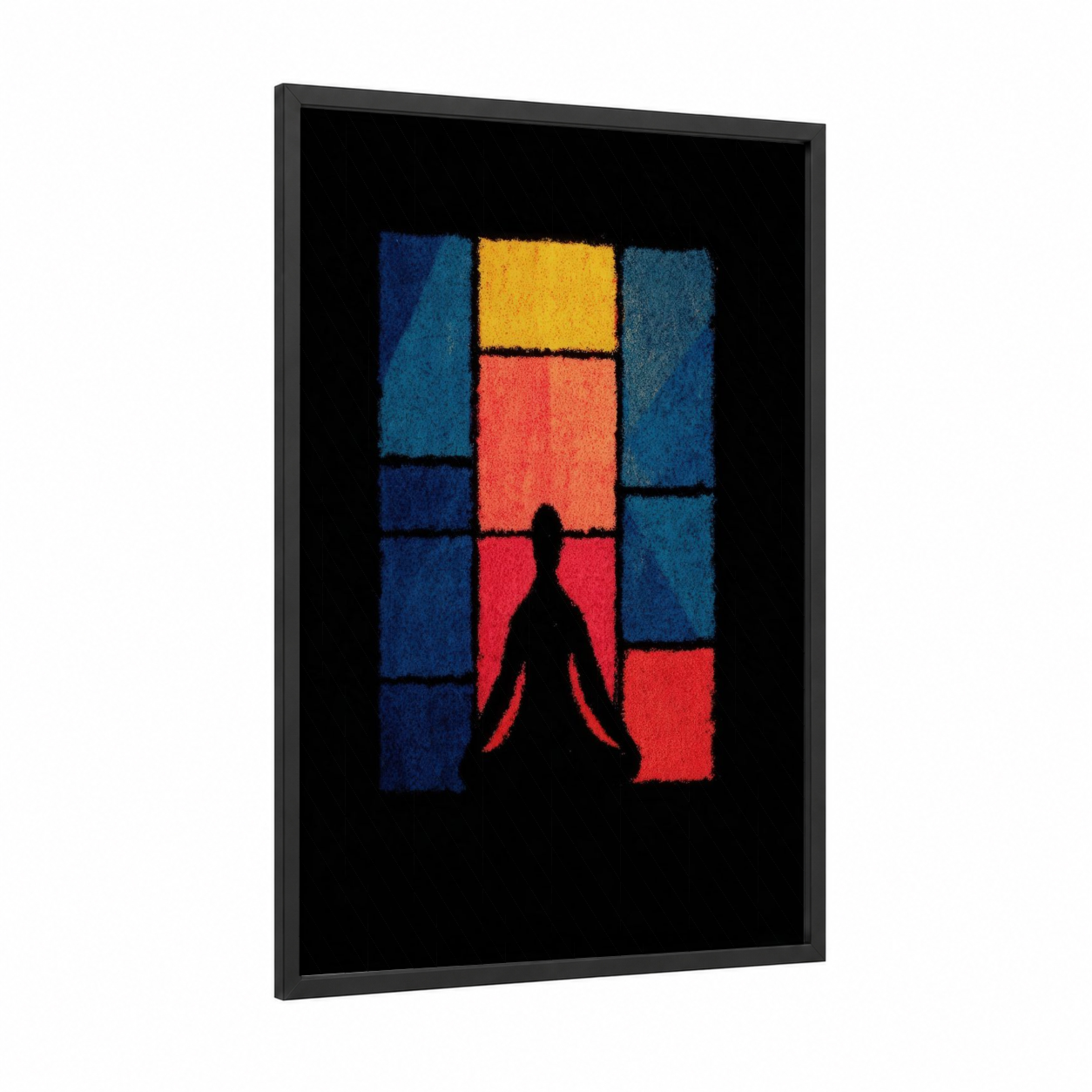 Meditation Silhouette framed fitness yoga print — black wood frame — blue and yellow palette