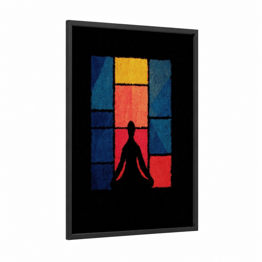 Meditation Silhouette framed fitness yoga print — black wood frame — blue and yellow palette