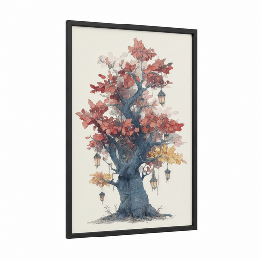 Enchanted Baobab framed baobab tree print — black wood frame — salmon pink and dark blue palette
