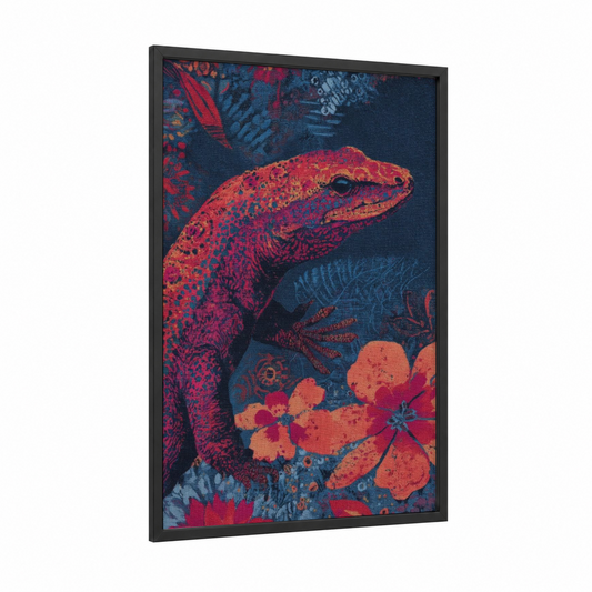 Crimson Garden Lizard framed art print — black wood frame — magenta and orange palette