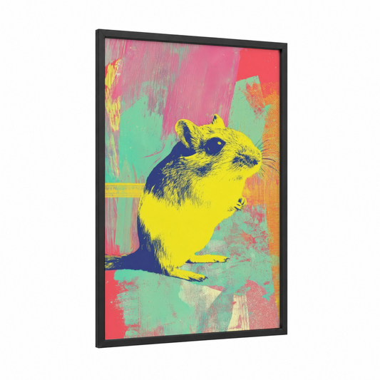 Pop Art Gerbil framed art print — black wood frame — yellow gold and magenta palette