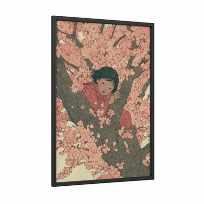 Cherry Blossom Dreamer framed fairy print — black wood frame — peach and dark green palette