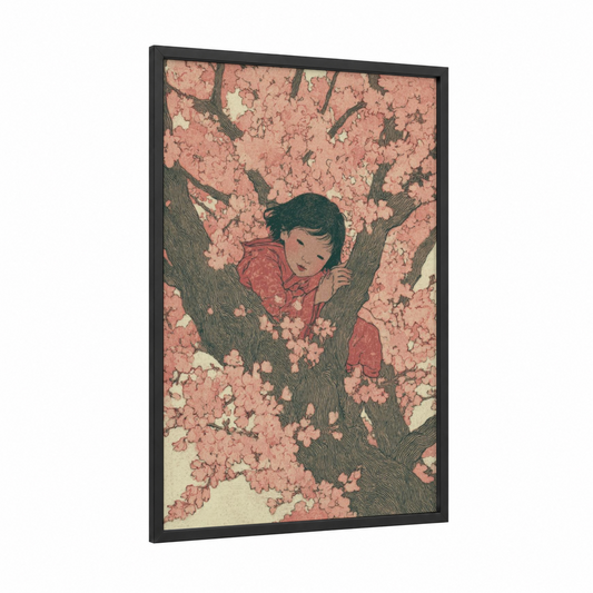 Cherry Blossom Dreamer framed fairy print — black wood frame — peach and dark green palette