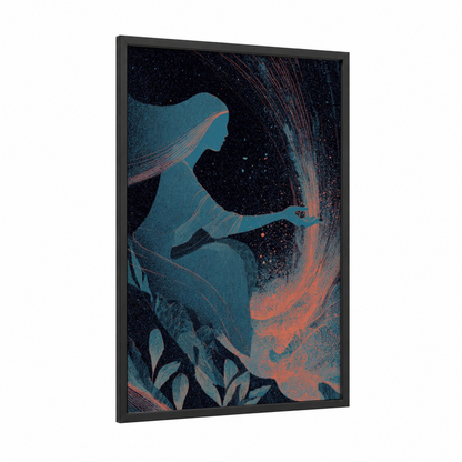Cosmic Sorceress framed magic and witchcraft print — black wood frame — dark blue and teal palette