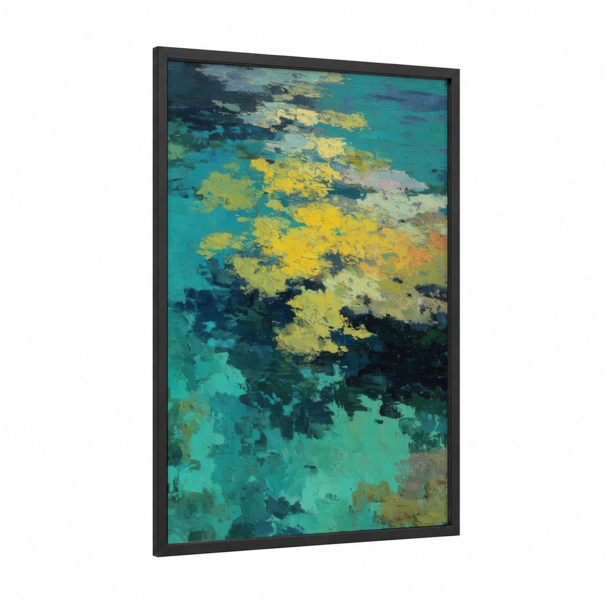 Tropical Coral Abstract framed art print — black wood frame — turquoise and yellow gold palette