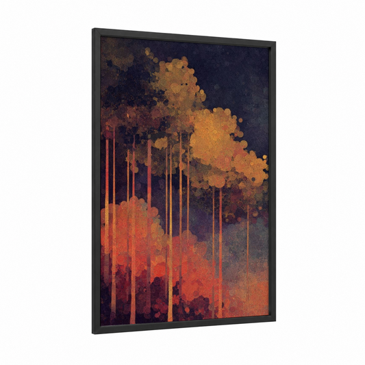 Autumn Cedar Forest framed art print — black wood frame — gold and orange palette