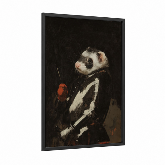 Dapper Ferret framed art print — black wood frame — black and white and russet palette