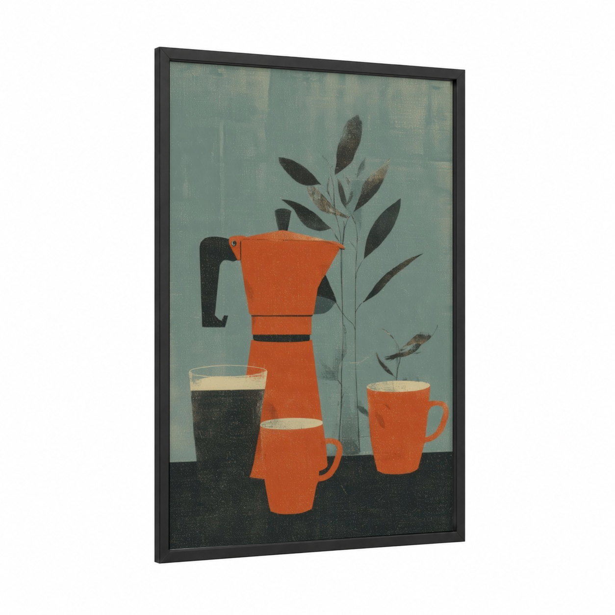 Minimalist Coffee Ritual framed art print — black wood frame — sage green and orange palette